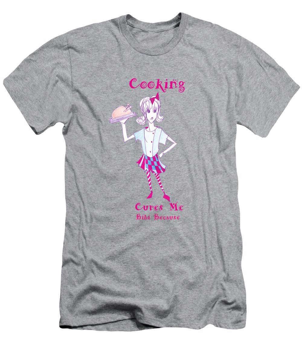 Men's t-shirt featuring the phrase 'Cooking Cures Me Bibi', made from a cotton-polyester blend, available in various sizes.